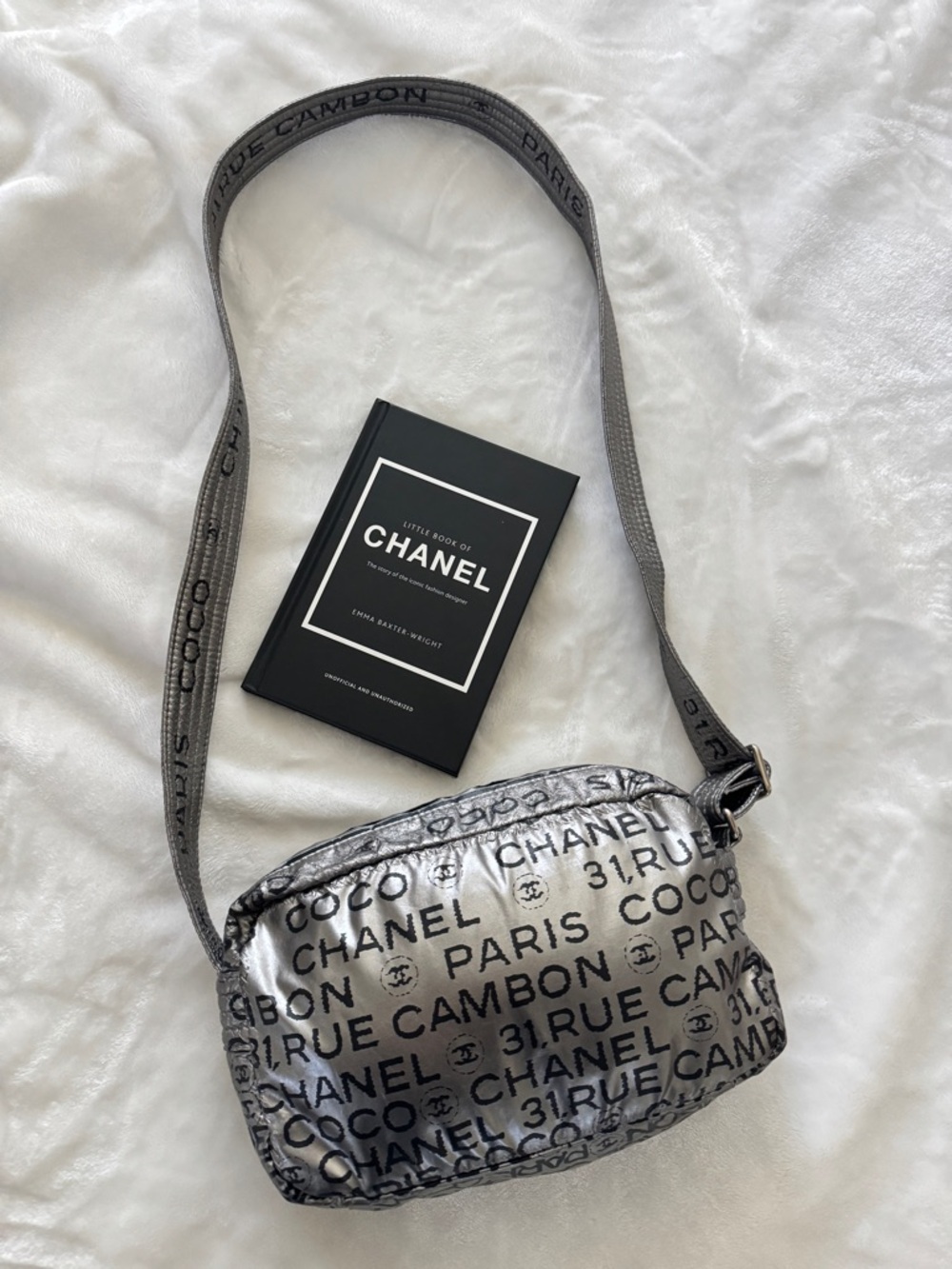 Authentic CHANEL Metallic Silver Logo Quilted Crossbody Bag